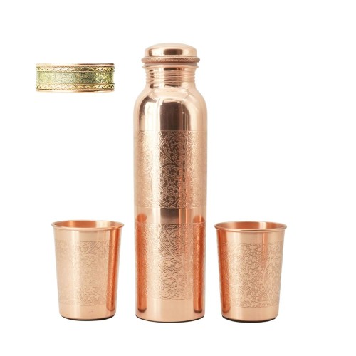Przejdź do produktu Zestaw miedziany KWIATY butelka 950 ml + 2 kubki 250 ml + bransoletka Orient